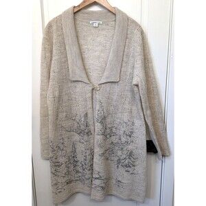 Coldwater Creek Beige Alpine Tree Print Knee Length Cardigan XL 18 100% Wool